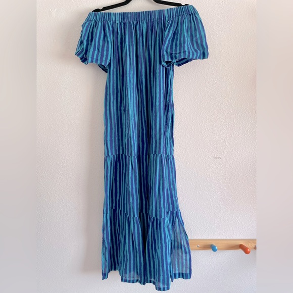 Oliphant Blue Striped Off The Shoulder Beach Boho Midi Dress - Picture 4 of 13